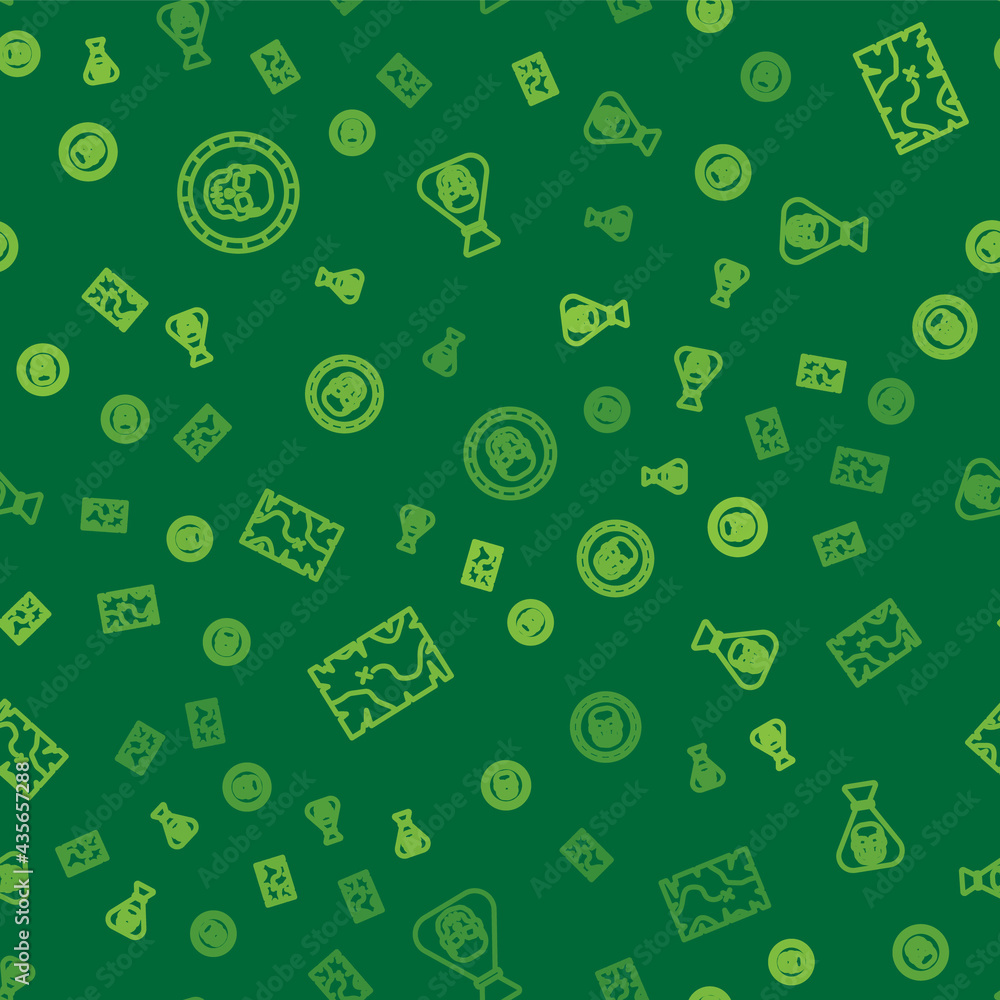 Poster set line pirate coin, treasure map and on seamless pattern. vector