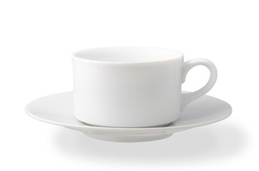 White ceramic cup or mug and saucer for a coffee drink or tea isolated on white background with clipping path, Suitable for creative graphic design