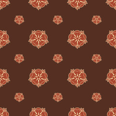 Pattern with scarlet and flesh heraldic rose on brown background