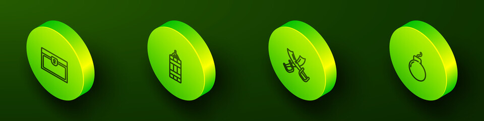 Set Isometric line Antique treasure chest, Dynamite bomb, Crossed pirate swords and Bomb ready to explode icon. Vector