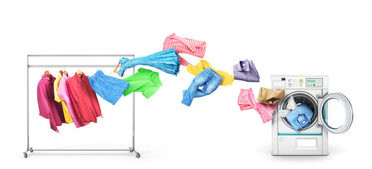 Clothes fly off the hanger into the washing machine isolated on white background