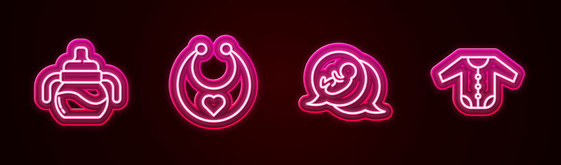 Set line Baby bottle, bib, and clothes. Glowing neon icon. Vector