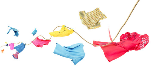 Clothes fly off the clothesline on a white background