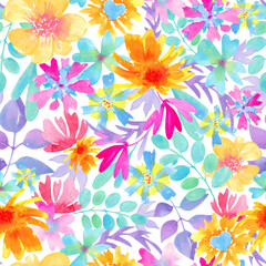 Fototapeta na wymiar Seamless watercolor romantic floral pattern