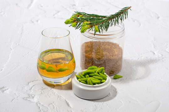 Spruce Tips Syrup Or Liqueur.