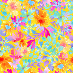 Fototapeta na wymiar Fantasy seamless floral pattern with watercolor flowers. Bright summer print on a yellow background. 