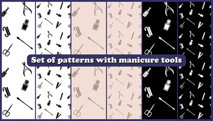 A set of patterns in various sizes and colors. Pattern with manicure tools. Simple vector pattern with nail scissors, several types of varnish jars, nail files, brushes, nippers, nail tips