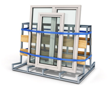 PVC Windows Are Fixed To A Pyramid Structure And Are Ready To Delivery, Windows Delivery, Windows Production Concept, 3d Illustration