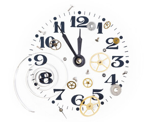 Clock spring, gears and clock dial. Isolated on a white background.