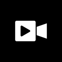 Play video vector simple icon with video camera and triangle inside. Silhouette isolated vector icon. 