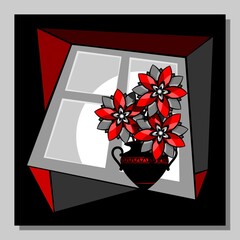Stylized red flowers in a vase at the window. Abstract wall art, poster design. 
