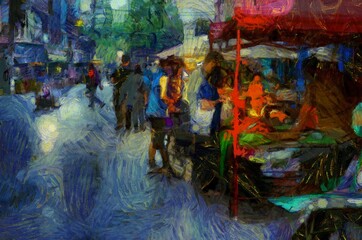 Landscape of the fresh market in the provinces of Thailand Illustrations creates an impressionist style of painting.