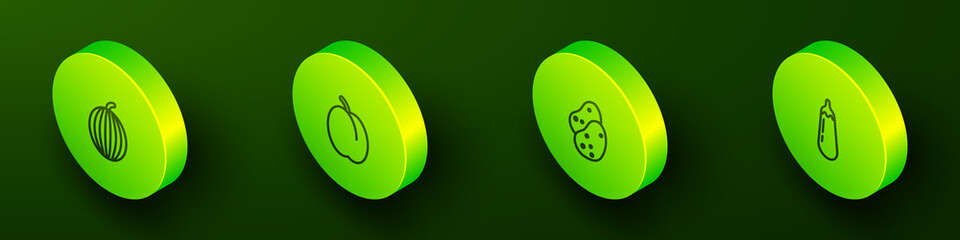Set Isometric line Watermelon, Plum fruit, Potato and Eggplant icon. Vector