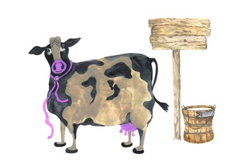 watercolor cute cow with pink ribbon around neck and udder isolated on white background next to wooden tub or bucket of milk and wooden sign with place for your text here.farm advertising postcard