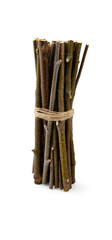 A bunch of thin and dry birch branches and sticks stands upright, casting a slight soft shadow, isolated on a pure white background.
