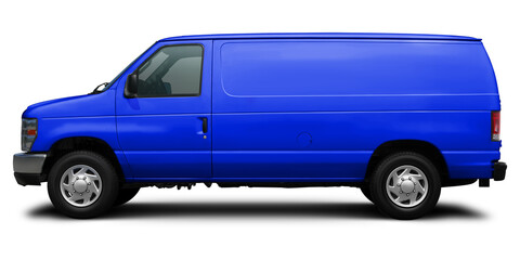 Modern American cargo minibus blue color side view. Isolated on a white background. © andrew7726