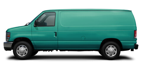 Modern American cargo minibus blue-green color side view. Isolated on a white background.