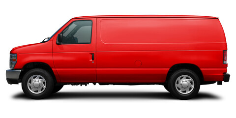 Modern American cargo minibus red color side view. Isolated on a white background.