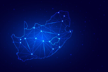 Abstract Map of South Africa from polygonal blue lines and glowing stars on dark blue background. Vector illustration eps10