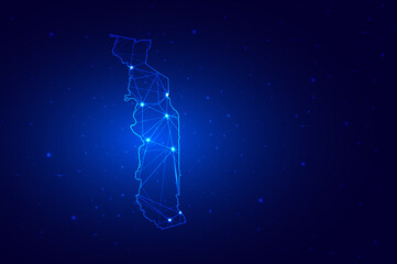 Abstract Map of Togo from polygonal blue lines and glowing stars on dark blue background. Vector illustration eps10
