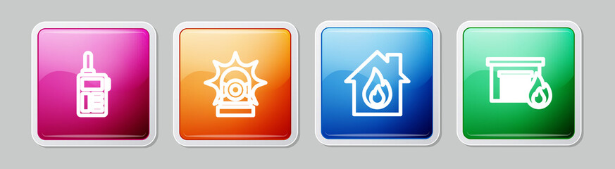 Set line Walkie talkie, Flasher siren, Fire in burning house and garage. Colorful square button. Vector