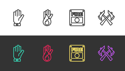 Set line Firefighter gloves, No fire, alarm system and axe on black and white. Vector