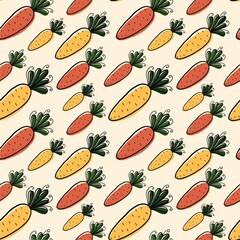 Seamless drawing of carrots on a light background. Hand-drawn illustration with curved lines in doodle style. Design for fabric, clothing, paper, and other objects.