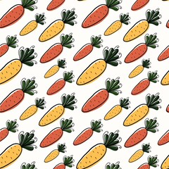 Seamless pattern of carrots on white background. Hand-drawn illustration with curved lines in doodle style. Design for fabric, clothing, paper, and other objects.