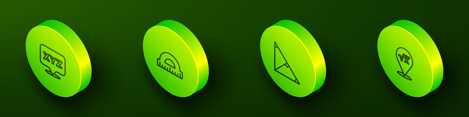 Set Isometric line XYZ Coordinate system, Protractor, Angle bisector of triangle and Square root x glyph icon. Vector