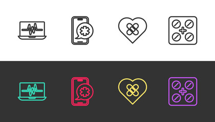 Set line Laptop with cardiogram, Emergency phone call, Healed broken heart and Pills in blister pack on black and white. Vector