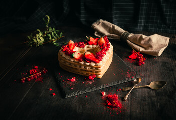 Confectionery concept - red and white cake in heart shape for St. Valentine's Day on black table (plate). Sweet and romantic present - Strawberry Cake on dark black background.