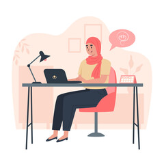 Happy female worker sitting at table in office, productivity during the day