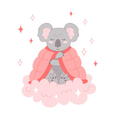 Koala covered herself with a blanket and sleeps on a cloud. Baby animal illustration for nursery