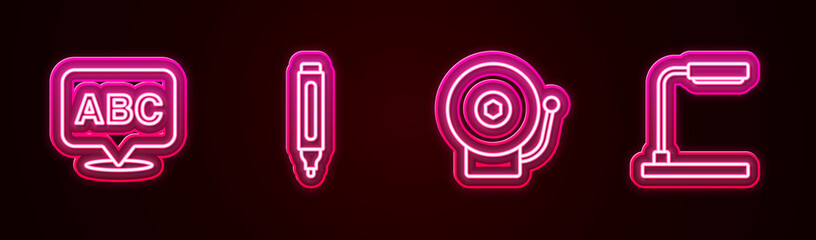 Set line Alphabet, Marker pen, Ringing alarm bell and Table lamp. Glowing neon icon. Vector