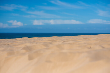 Fototapeta na wymiar Close up shot of sand and ocean in background