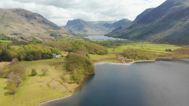 Aerial view of Buttermere lake & mountains, Lake District National Park