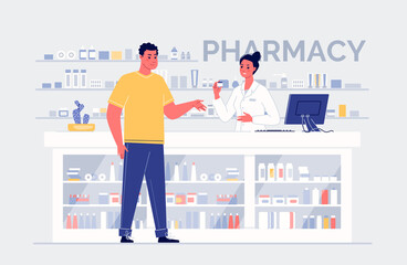 Cartoon Characters Pharmacist and Customer Standing at the Counter with Medicines. Medical Healthcare Concept. Color Vector Illustration.