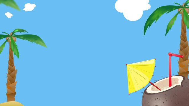 &eacute;t&eacute;, plage, palmier, noix de coco, boisson, rafraichissante, parasol, paille, jus de coco, paradis, paradisiaque,  feuille, mer, nature, cadres, illustration, soleil, palme, arbre, oc&eacute;an, plante, trop