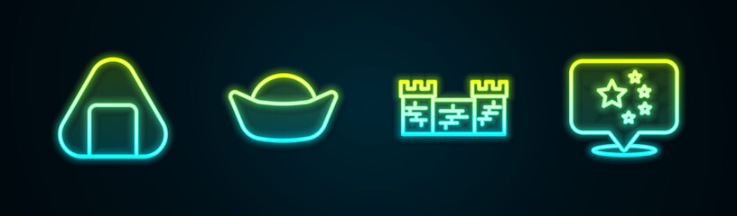 Set line Sushi, , Great wall of China and flag. Glowing neon icon. Vector
