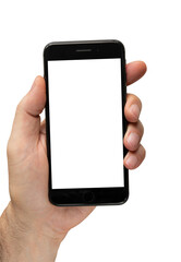 Hand holding blank screen Smartphone or Phone mockup isolated on white background including clipping path.