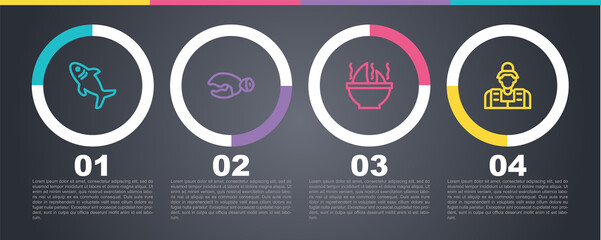Set line Shark, Lobster or crab claw, fin soup and Fisherman. Business infographic template. Vector