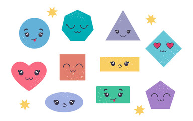 Colorful Set of Various bright basic Geometric Figures with face emotions. Set of Various bright basic Geometric Figures with face emotions. Different shapes.