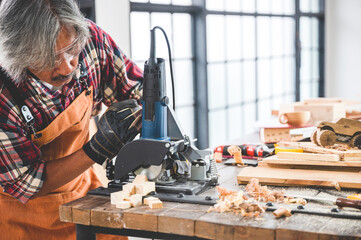 professional carpenters work creatively at home, creative carpenter trainer workshop, craftsman person in wood industry construction business concept, repair tool equipment