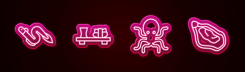Set line Eel fish, Sushi on cutting board, Octopus and Mussel. Glowing neon icon. Vector