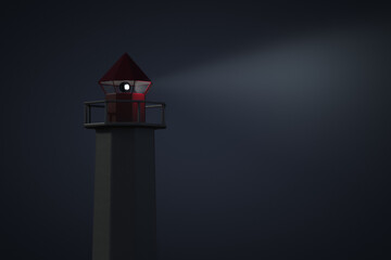 Marine lighthouse on foggy night. Glowing spotlight in the tower