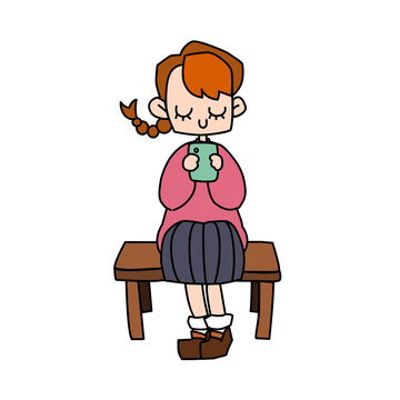 A cute pigtail girl using smartphone with black outline flat cartoon vector illustration isolated on white background. A pink sweater student girl playing game, wathching video or social media.