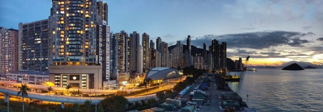 Ariel Shot Of The Kennedy Town Hong Kong Area With Swimming Pool And Tall Buildings Cityscape