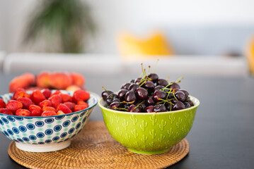 Fruits and berries on the kitchen table.