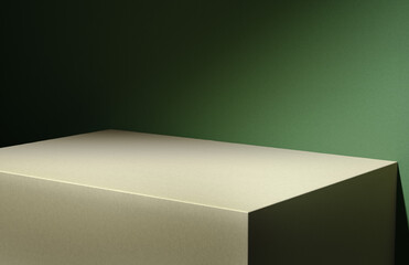 3D illustration of wooden board corner at green wall lit by diagonal light stripe.