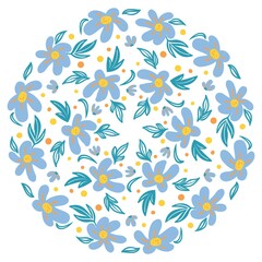 circle of  simple light blue flowers with leaves
